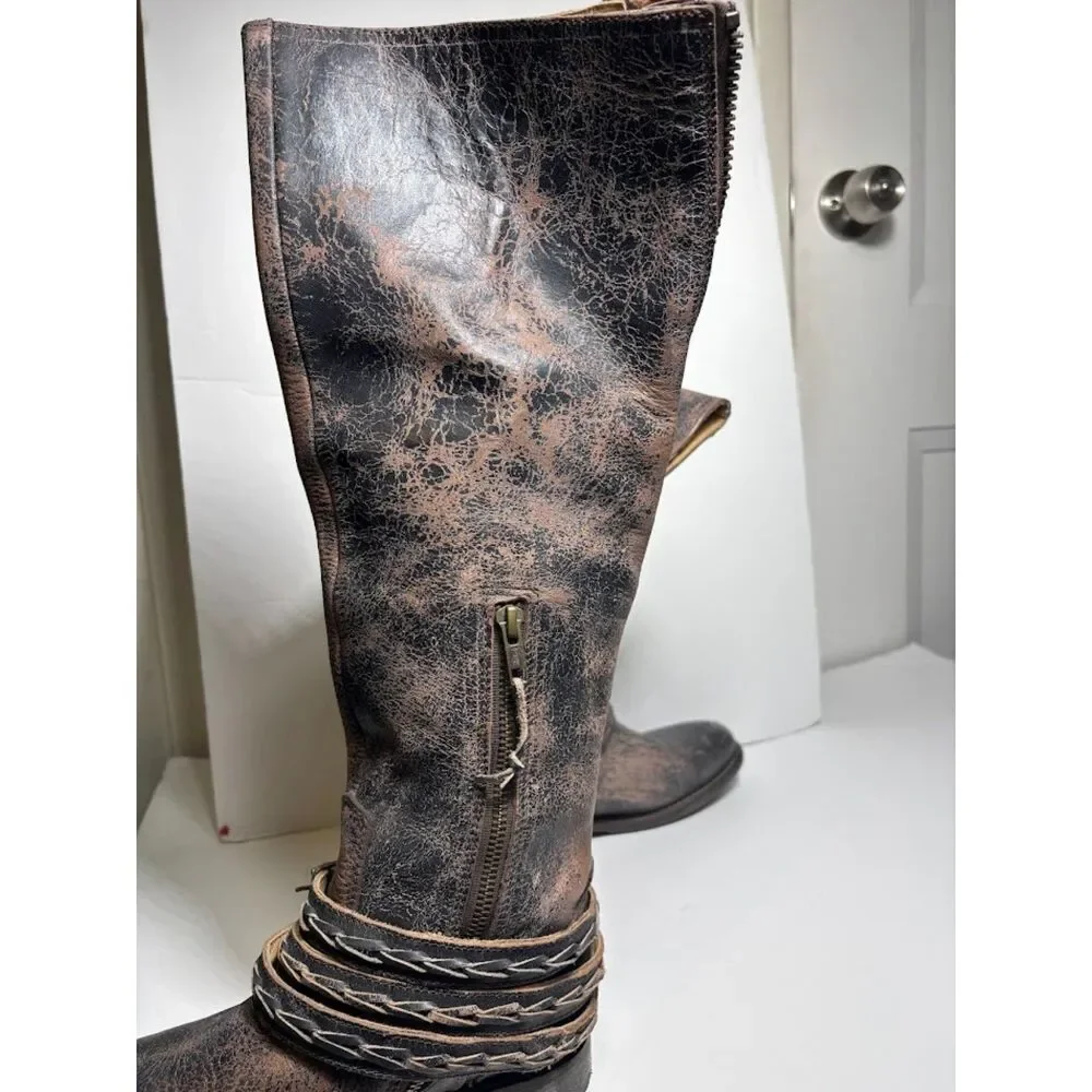 Bed Stu Eva Distressed Tall Riding Boots Size 7 Black Buckle Cobbler Series EUC